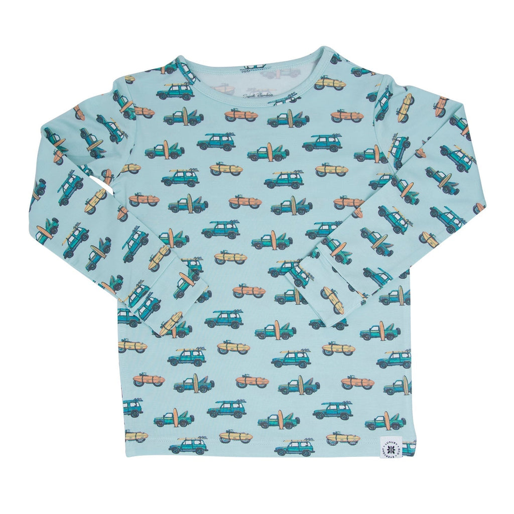 Kids long-sleeve pajama top, light blue with repeating vehicle and surf print