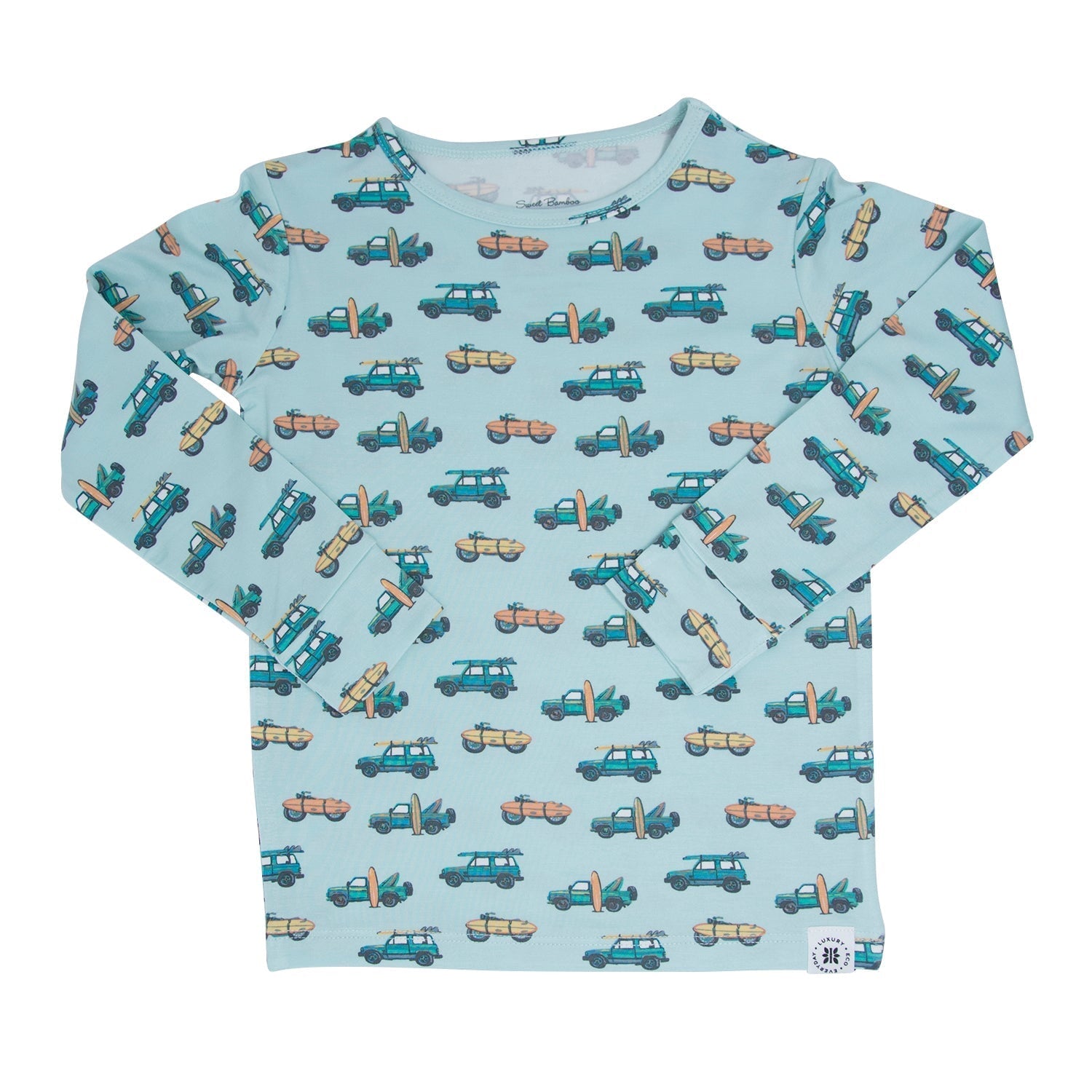 Kids long-sleeve pajama top, light blue with repeating vehicle and surf print