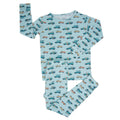 Kids long-sleeve pajama set, light blue with surfboard and tractor pattern