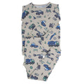 Kids construction pajama set with light gray backdrop and blue/green truck graphics