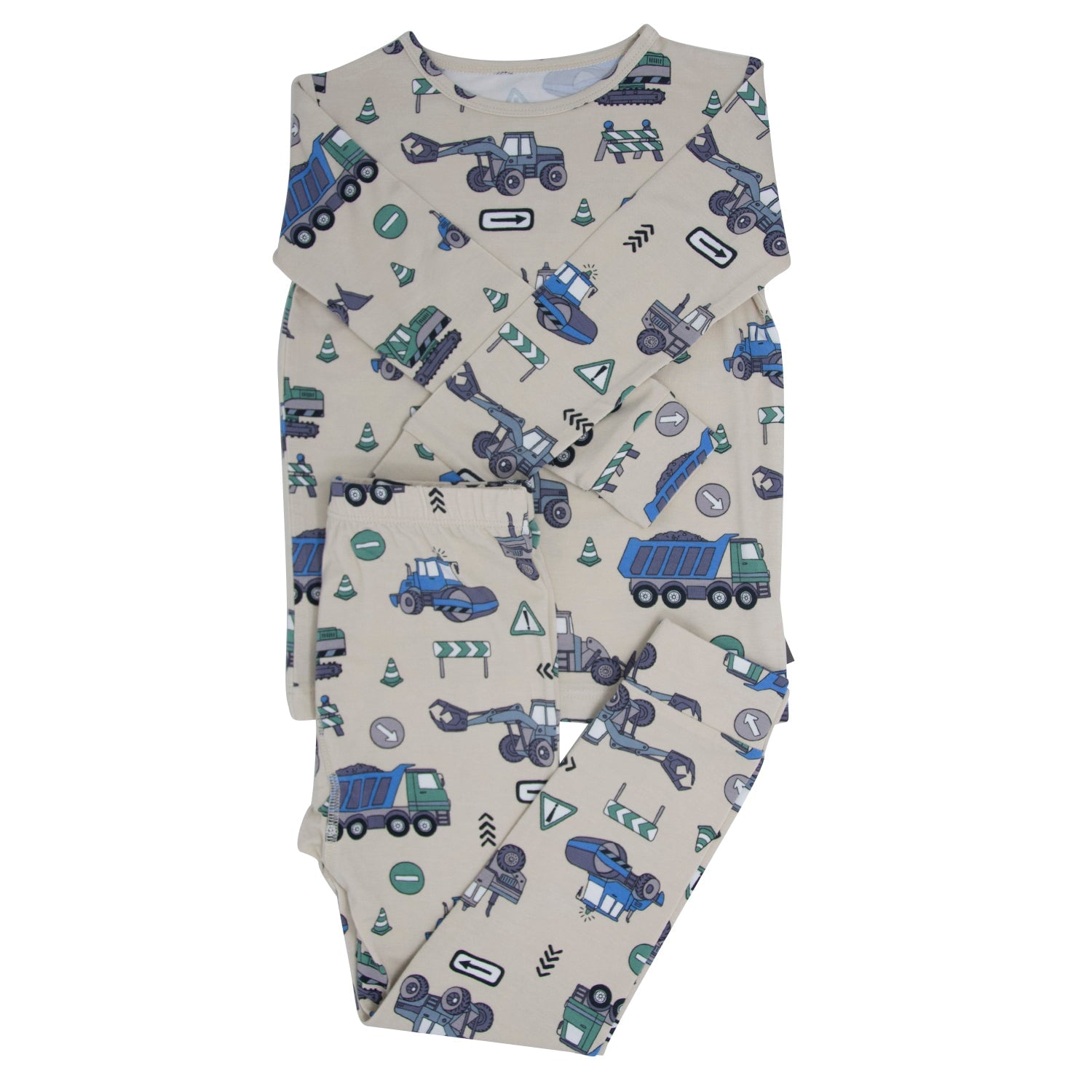 Kids construction pajama set with light gray backdrop and blue/green truck graphics