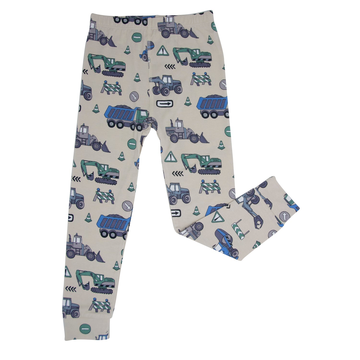 Kids construction pajama pants in light gray with blue and green truck pattern