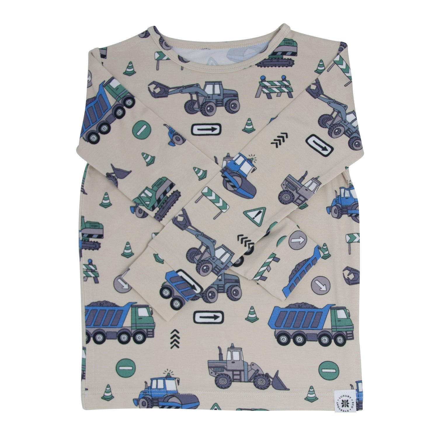 Kids construction pajama set in light gray with blue and green vehicle prints