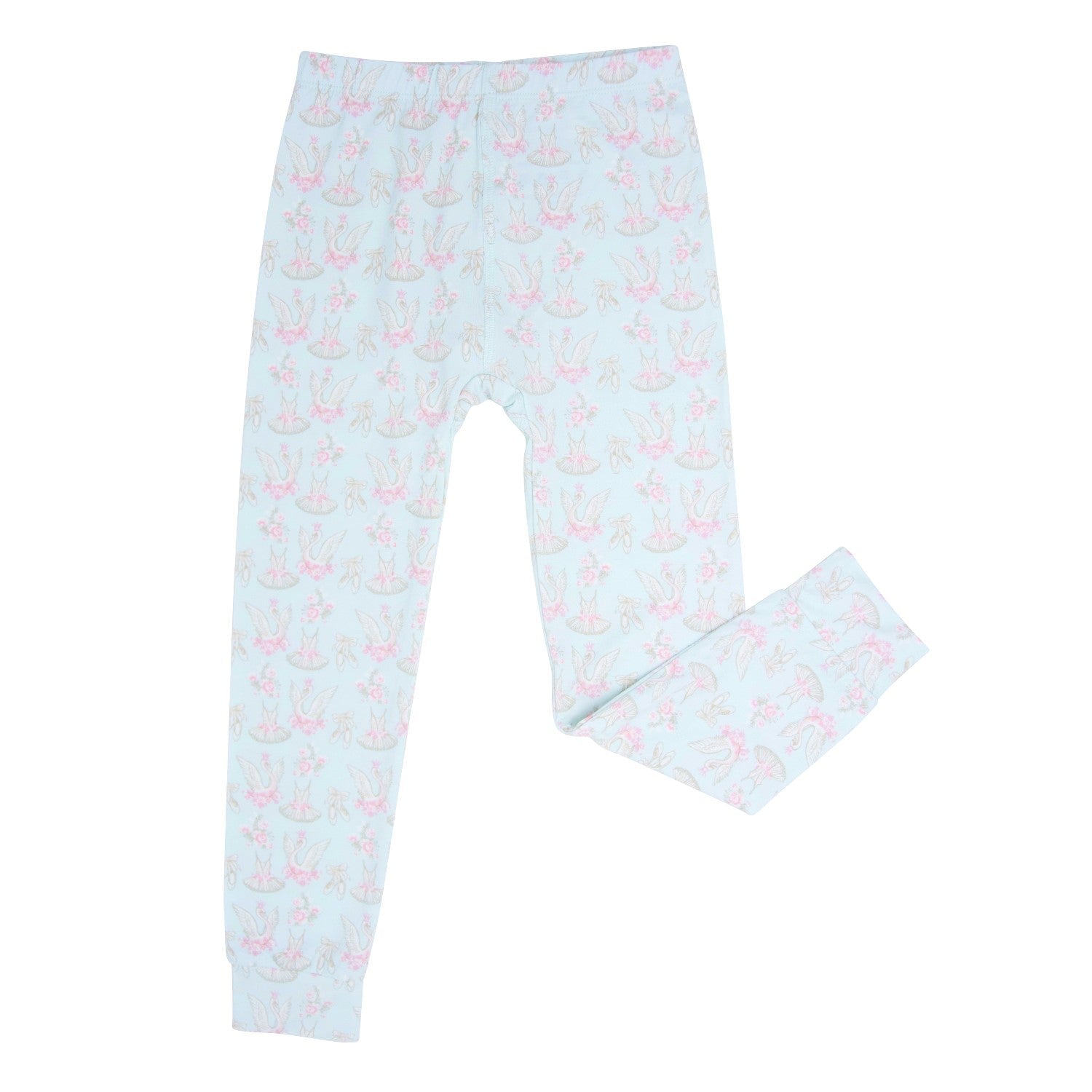 Girls' long pajama pants in light blue with pastel swan print