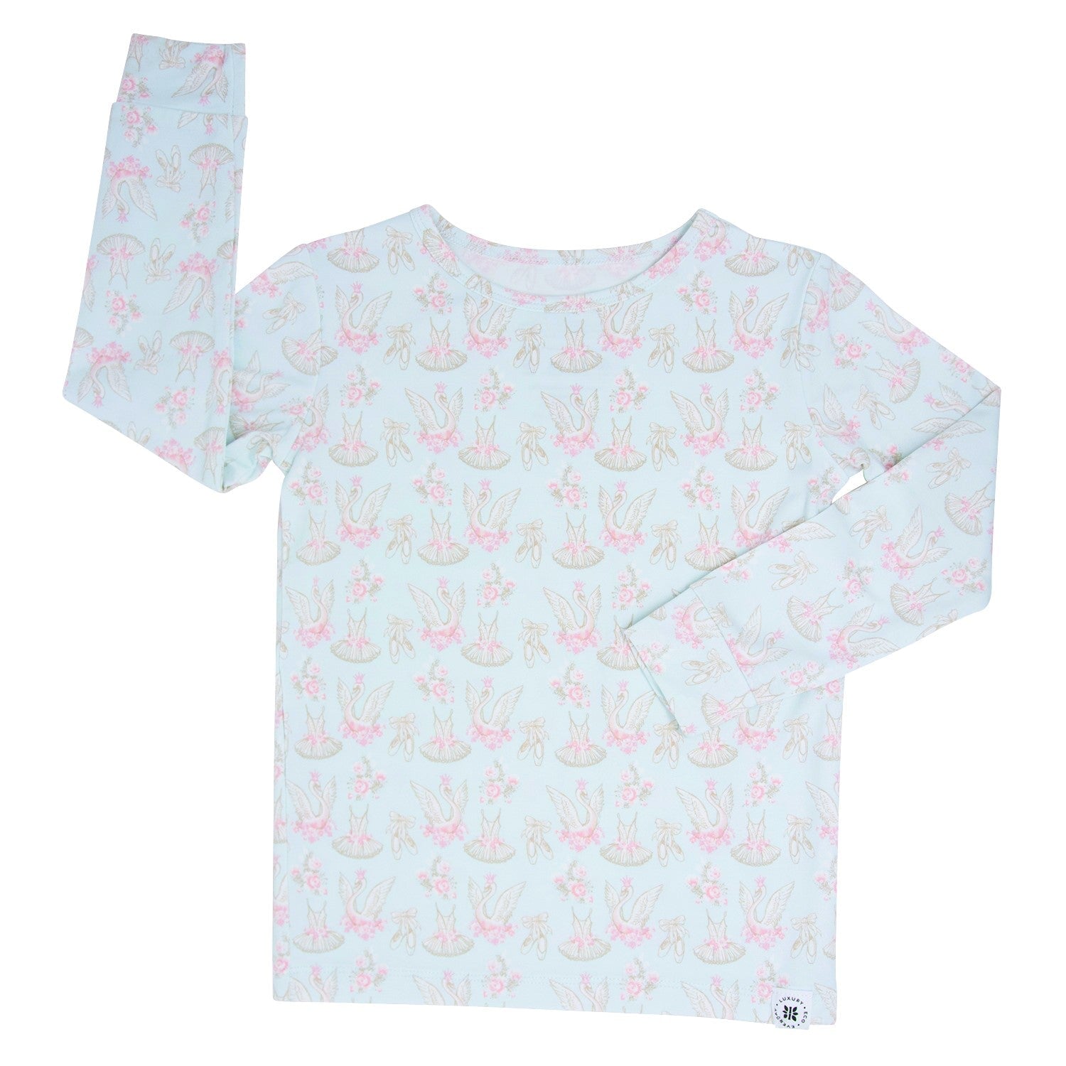 Long-sleeve girls' pajama top in light blue with pastel swan pattern