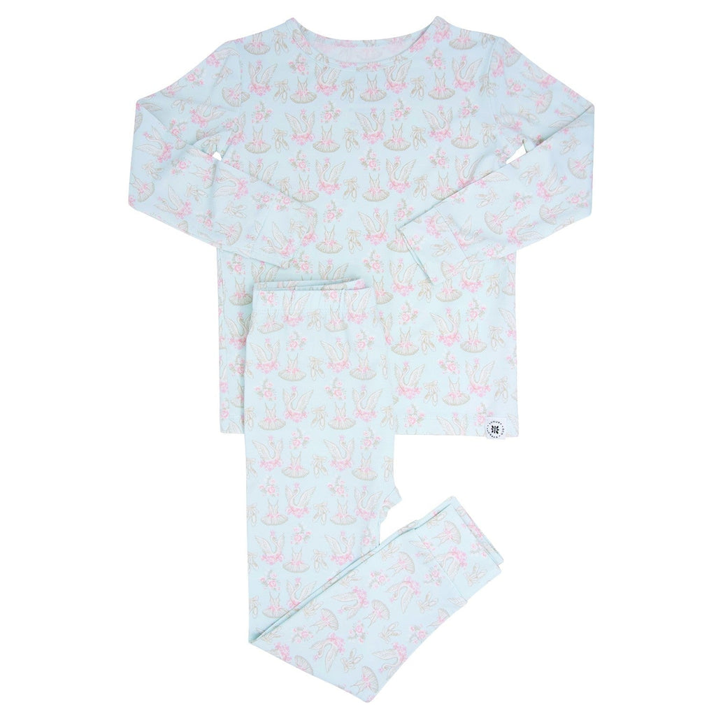 Kids' pajama set with light blue long-sleeve shirt and pants, pastel swan print
