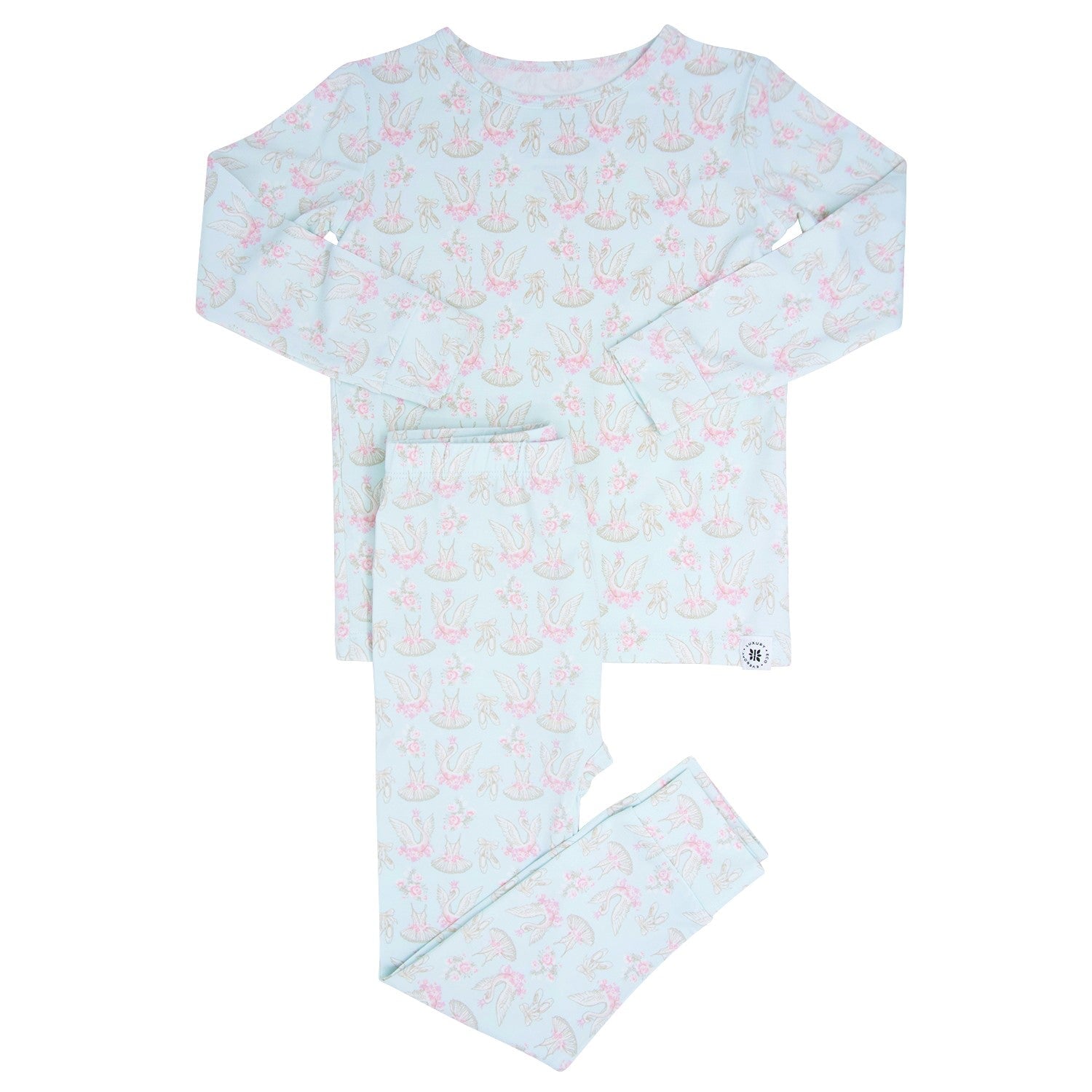 Kids' pajama set with light blue long-sleeve shirt and pants, pastel swan print