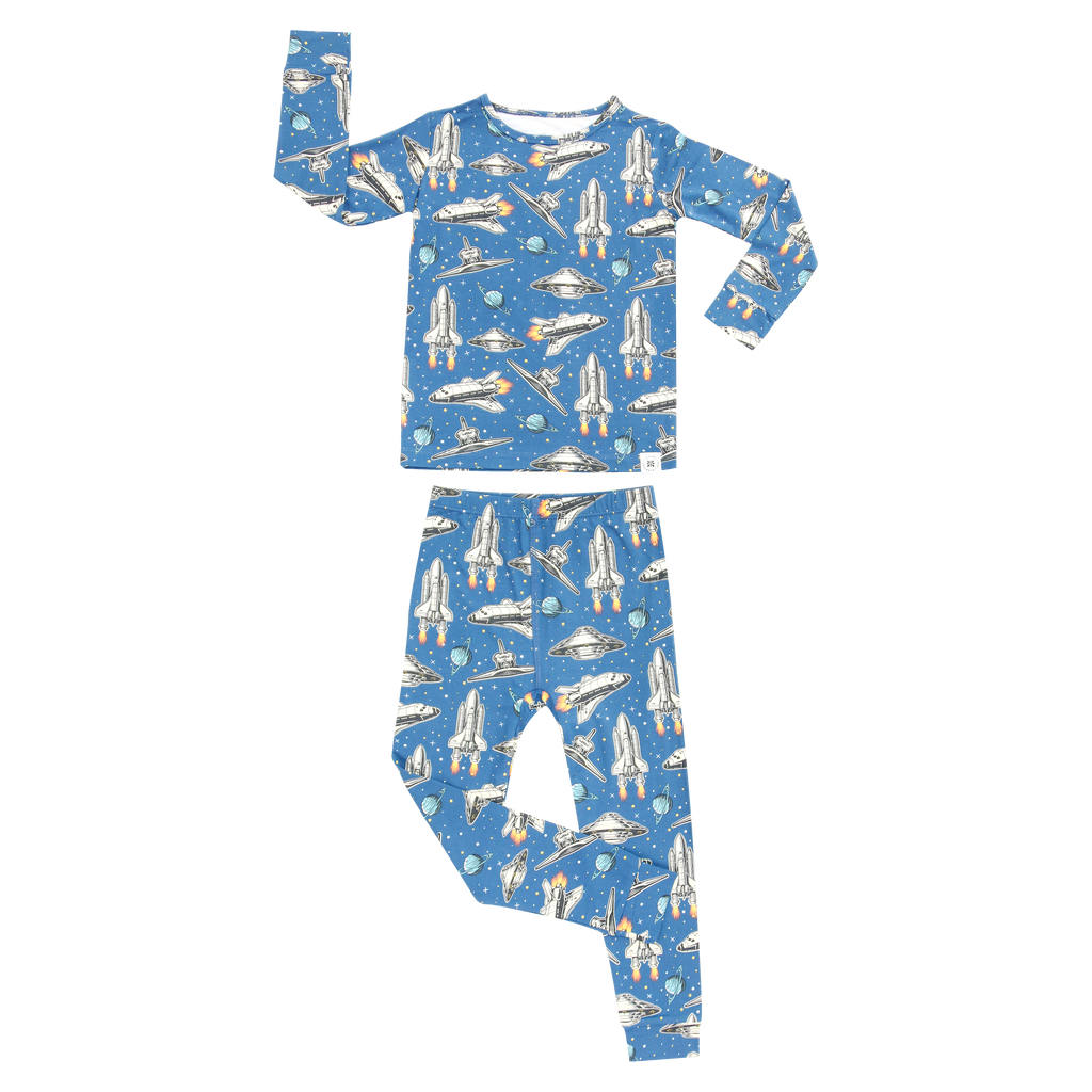 Kids pajama set in blue with rocket and planet print, long-sleeve top and pants