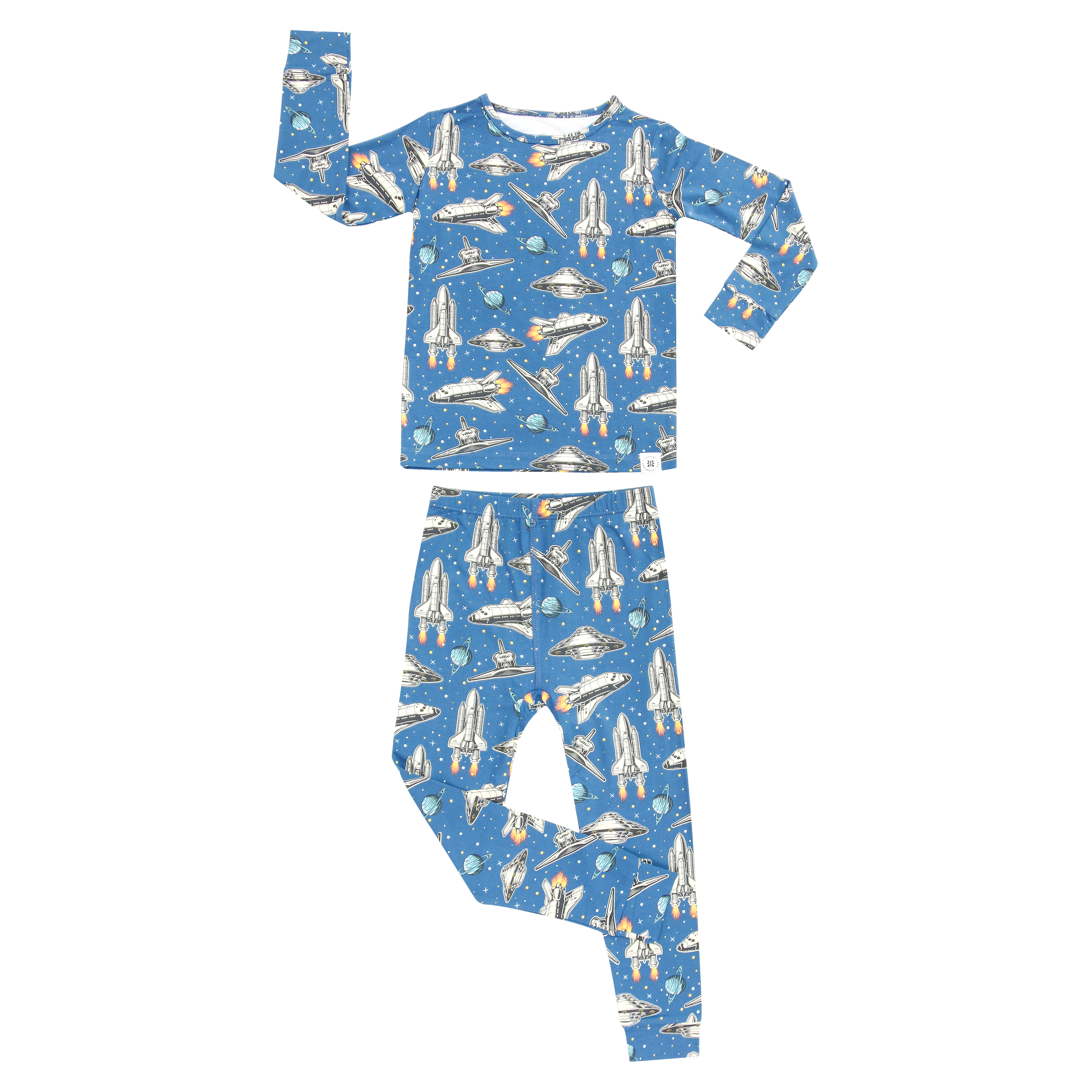 Kids pajama set in blue with rocket and planet print, long-sleeve top and pants