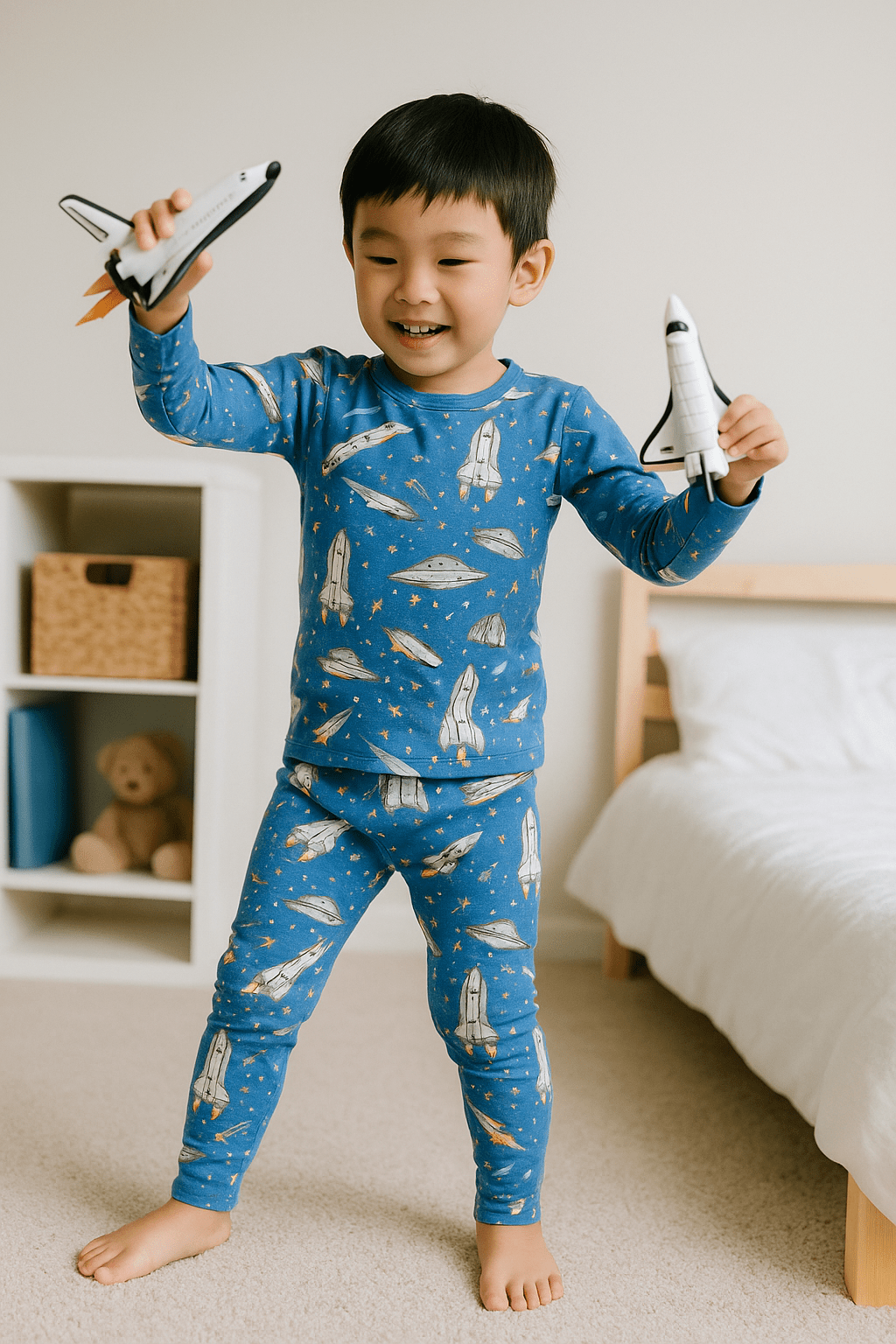 Boys blue space-themed pajama set with rocket print, long sleeves and ankle pants