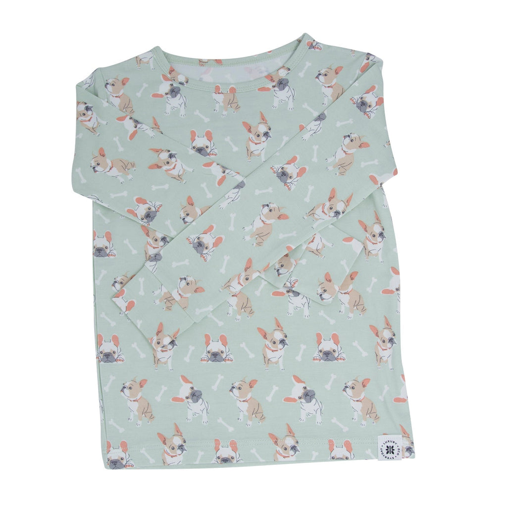 Mint green kids pajama top and pants with Frenchie puppy print, crew neck long sleeve