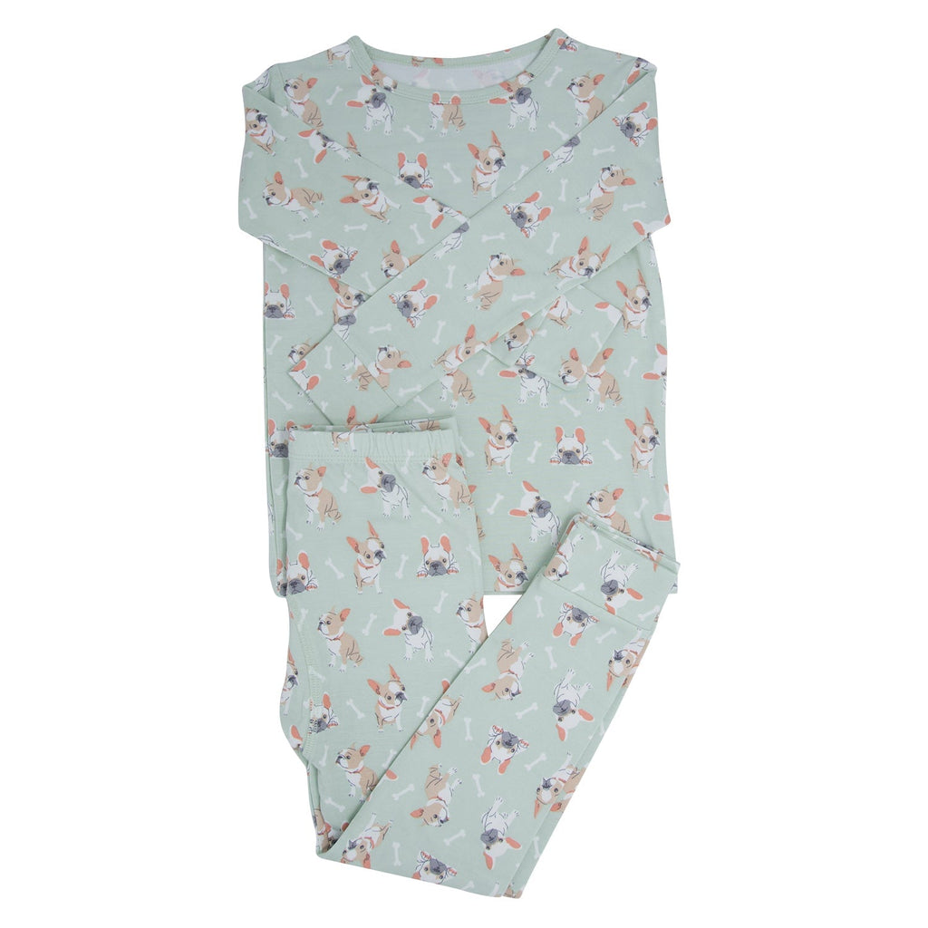 Mint green kids pajama top and pants set with Frenchie puppy pattern, long sleeves