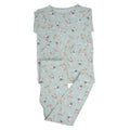 Mint green kids pajama top and pants set with Frenchie puppy pattern, long sleeves