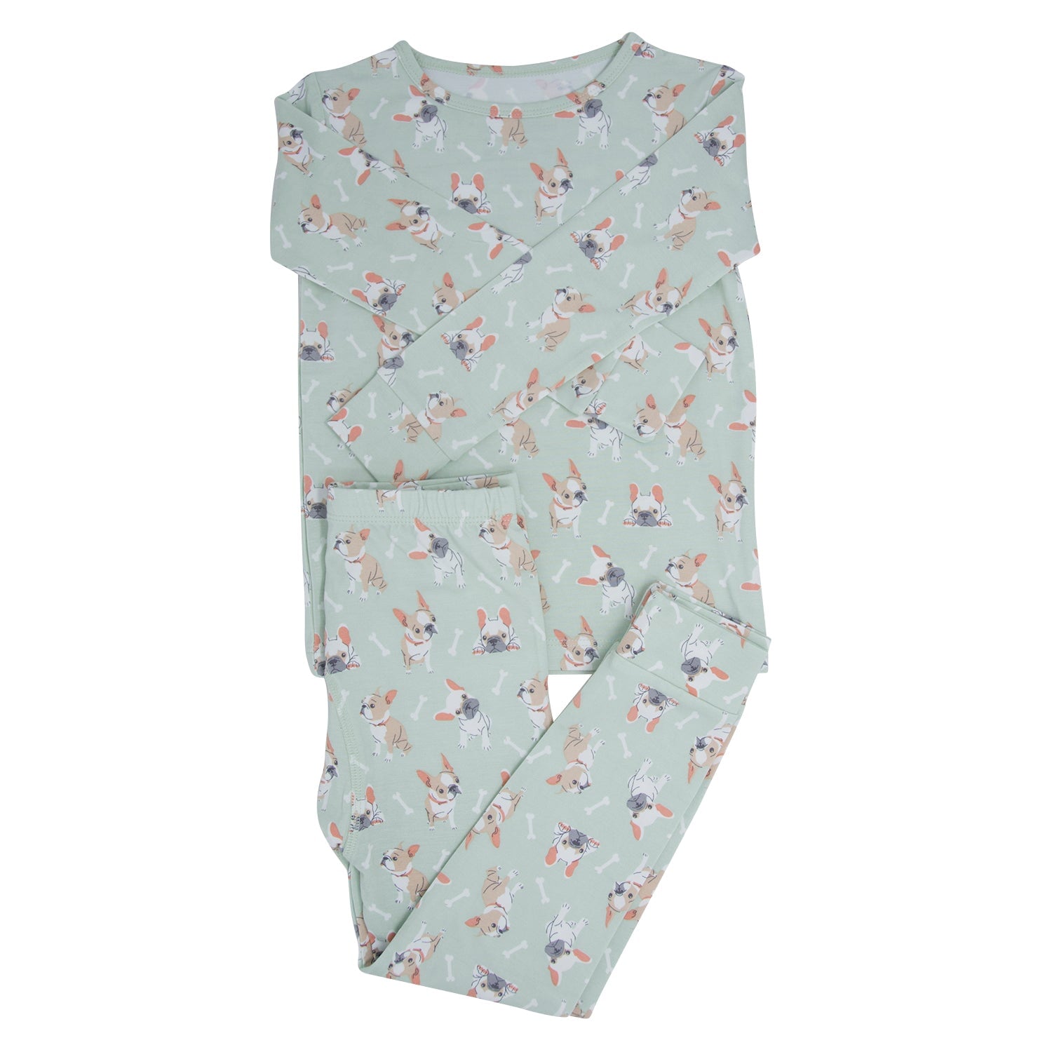 Mint green kids pajama top and pants set with Frenchie puppy pattern, long sleeves