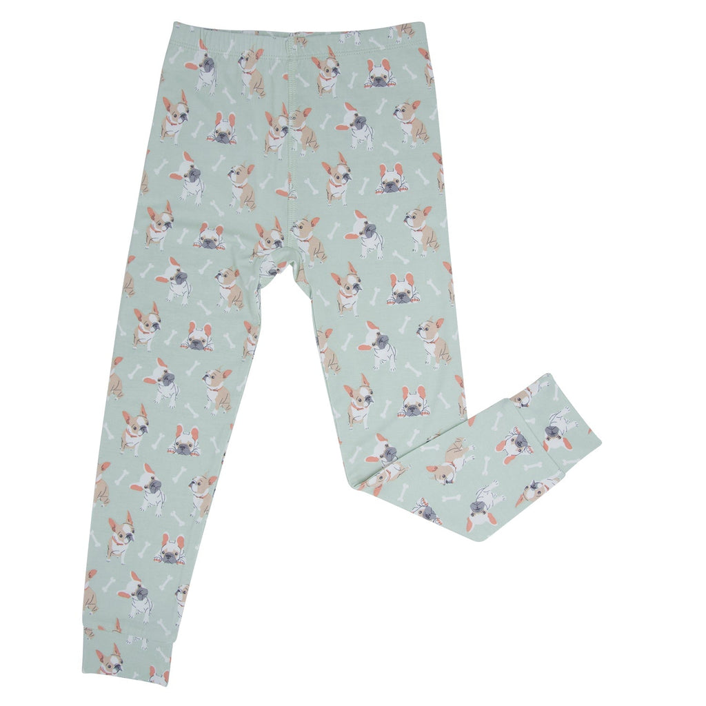 Mint green kids pajama pants with Frenchie puppy print and elastic waistband