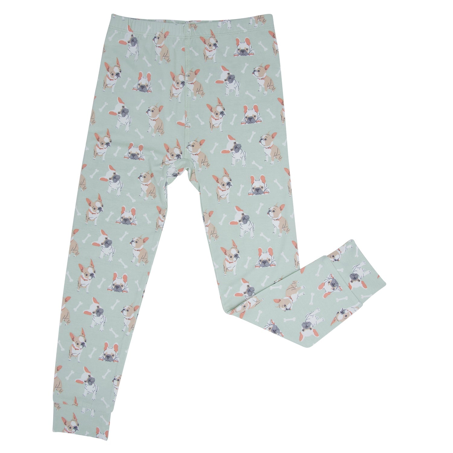 Mint green kids pajama pants with Frenchie puppy print and elastic waistband