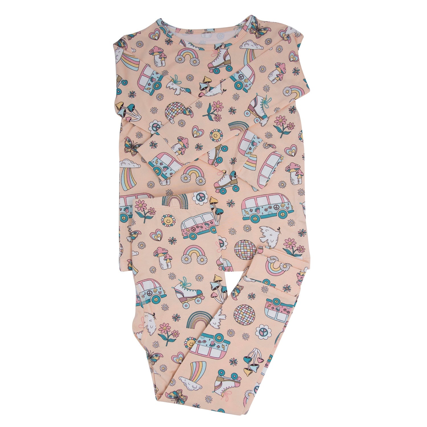 Kids pajama set, peach printed with retro vehicles, rainbows and flowers