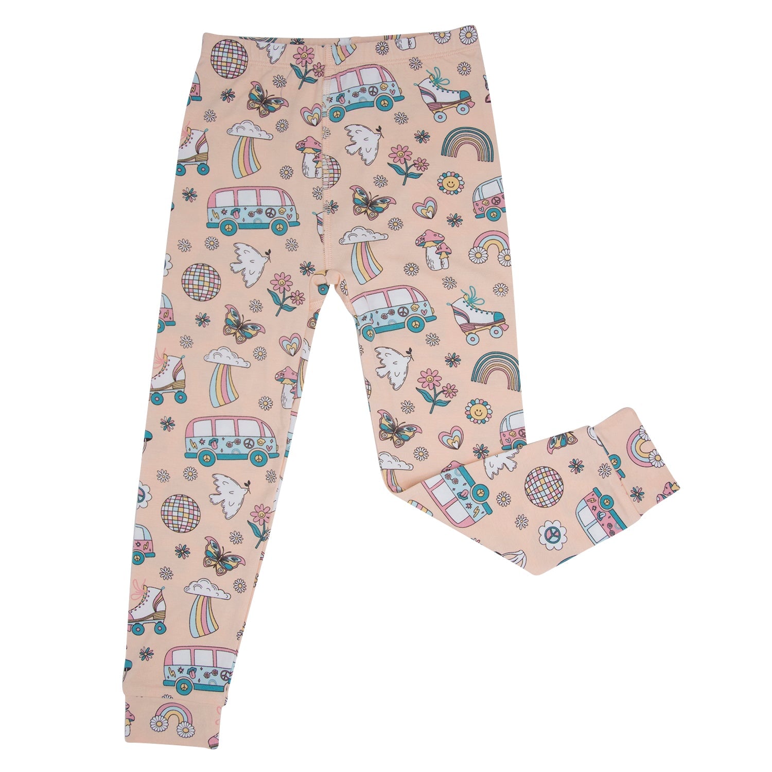 Kids pajama pants, peach printed with retro vehicles, rainbows and flowers