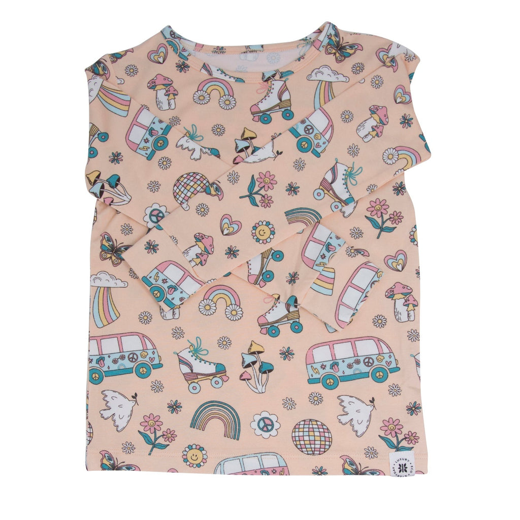 Kids pajama top, peach with retro vehicle, rainbow and flower print