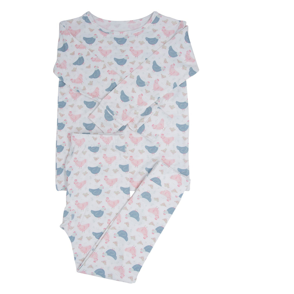 Kids bamboo pajama set with white base and blue/pink farm hen print, long-sleeve top and pants