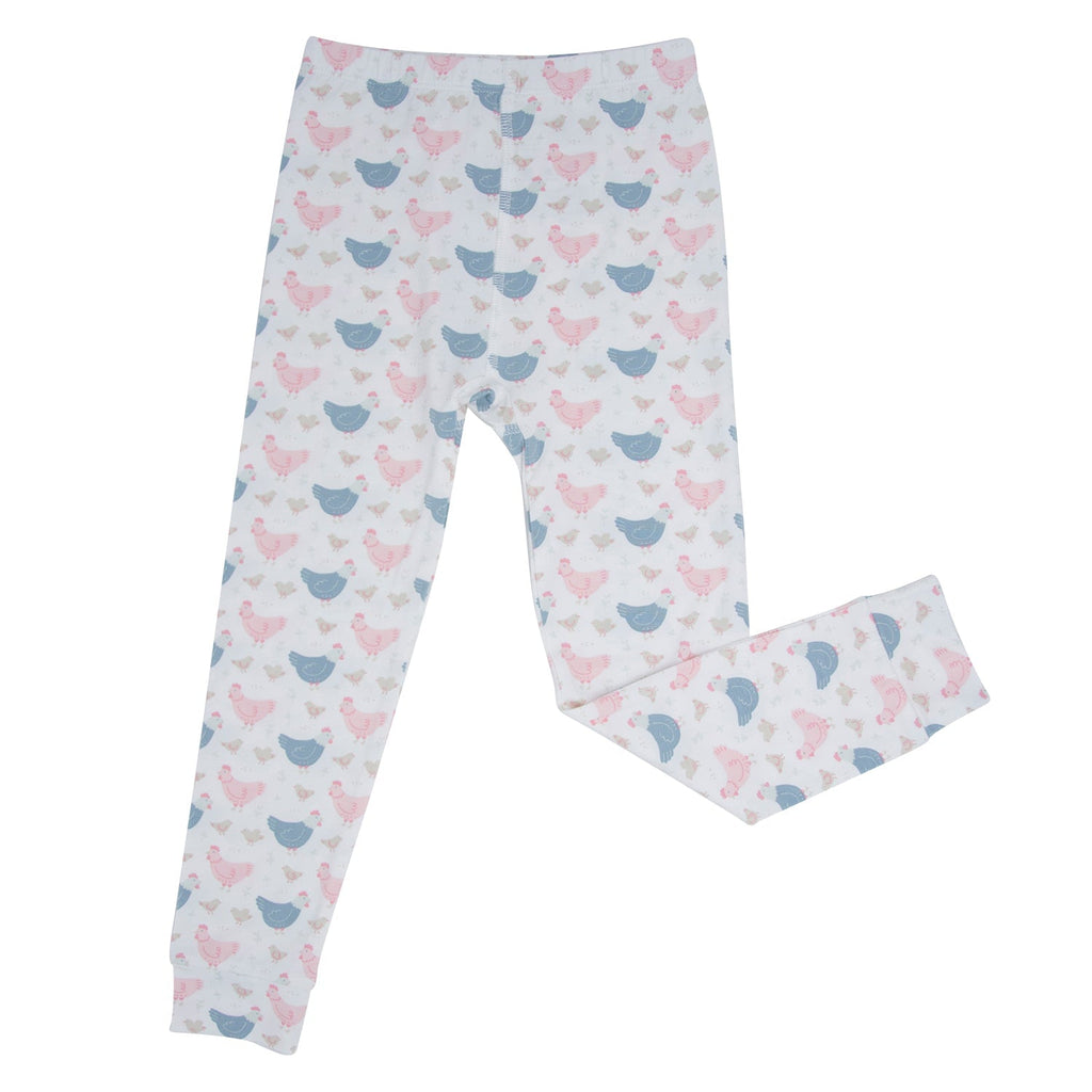 Kids bamboo pajama pants with white base and blue/pink farm hen print, full length