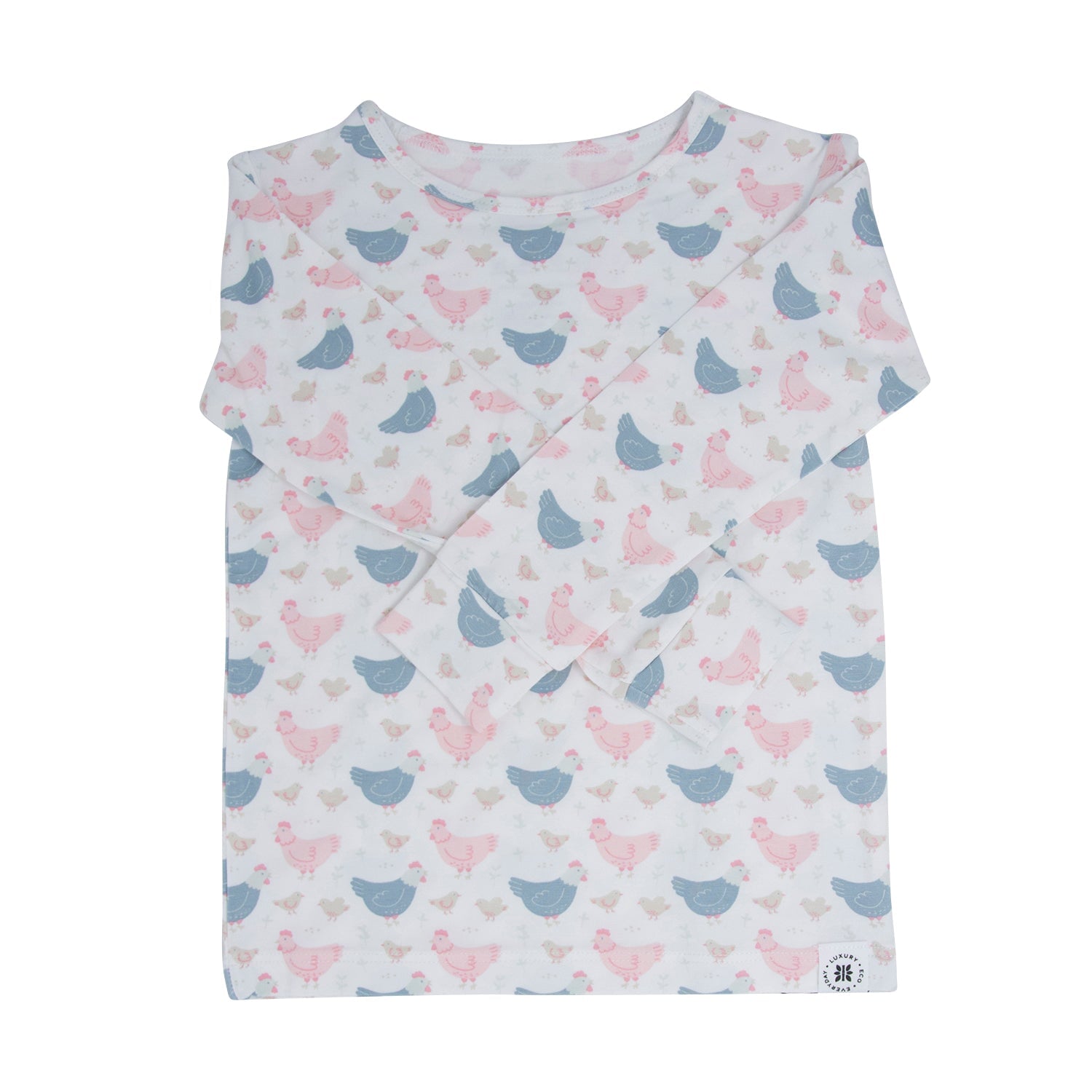 Kids bamboo pajama top with white base and blue/pink farm hen print, long sleeves