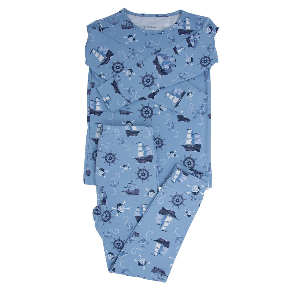 Blue kids pirate pajama set with long-sleeve top and pants, ship and compass print