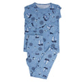 Blue kids pirate pajama set with long-sleeve top and pants, ship and compass print