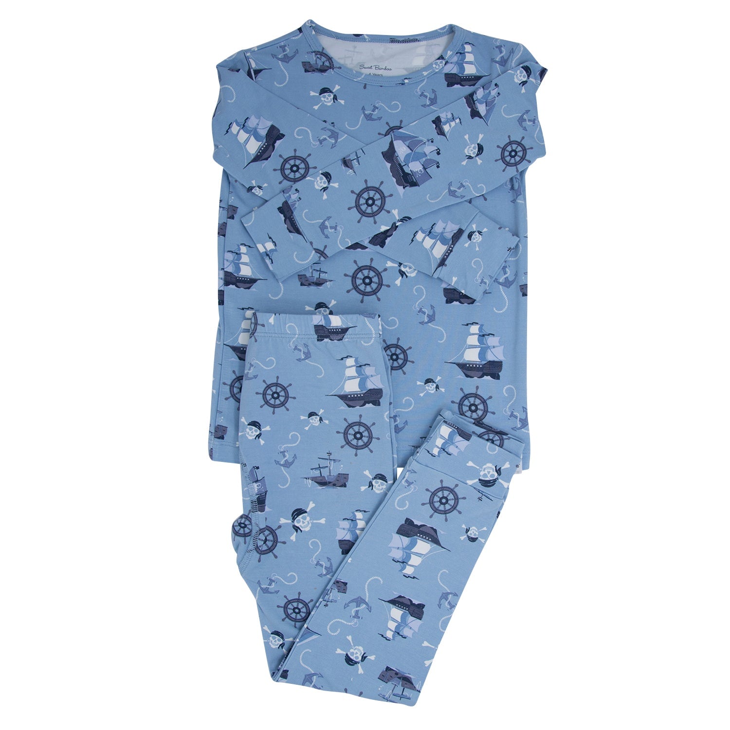 Blue kids pirate pajama set with long-sleeve top and pants, ship and compass print