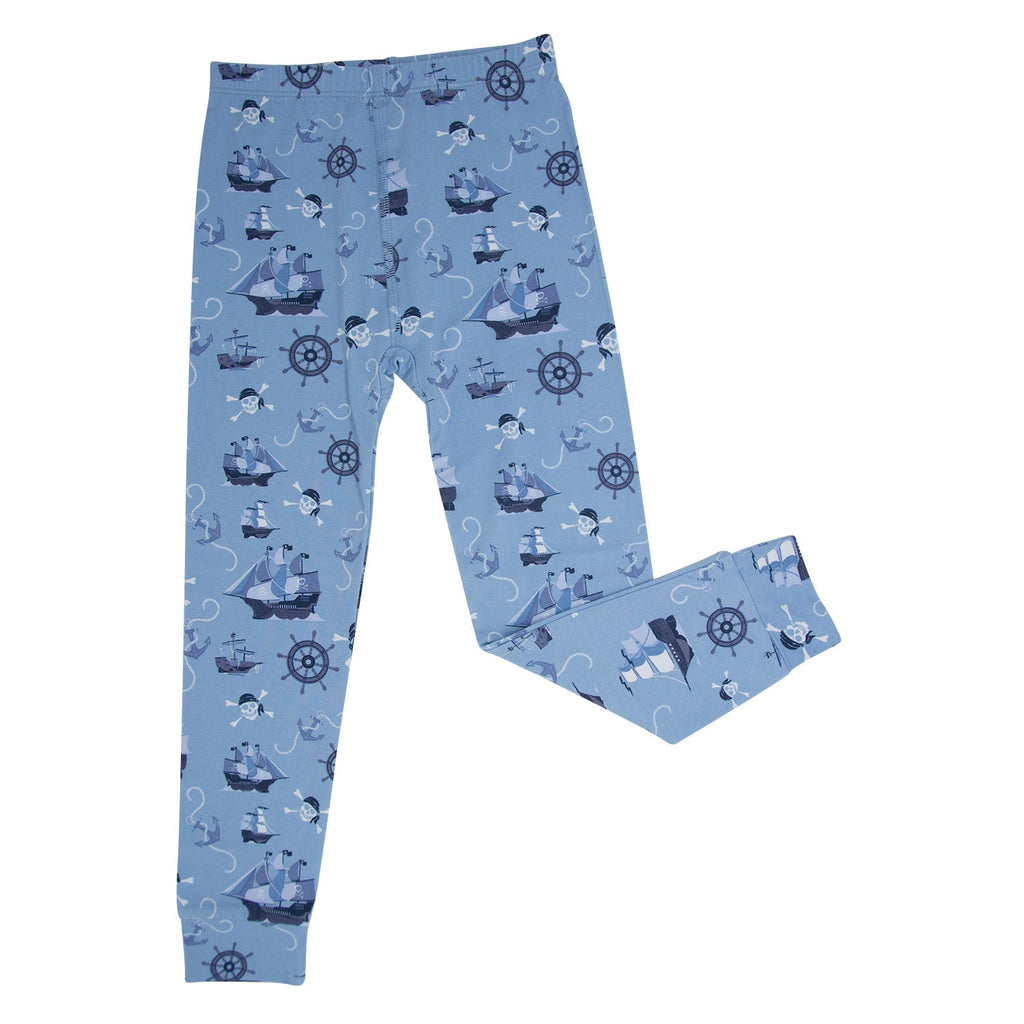 Blue kids pajama pants with pirate ship and anchor pattern