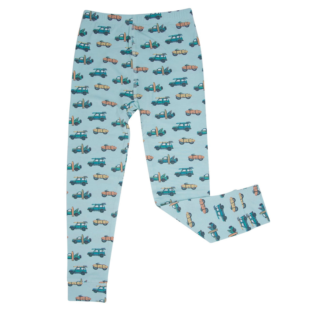 Kids' pajama pants in light blue with colorful vehicle print, long length and elastic waist