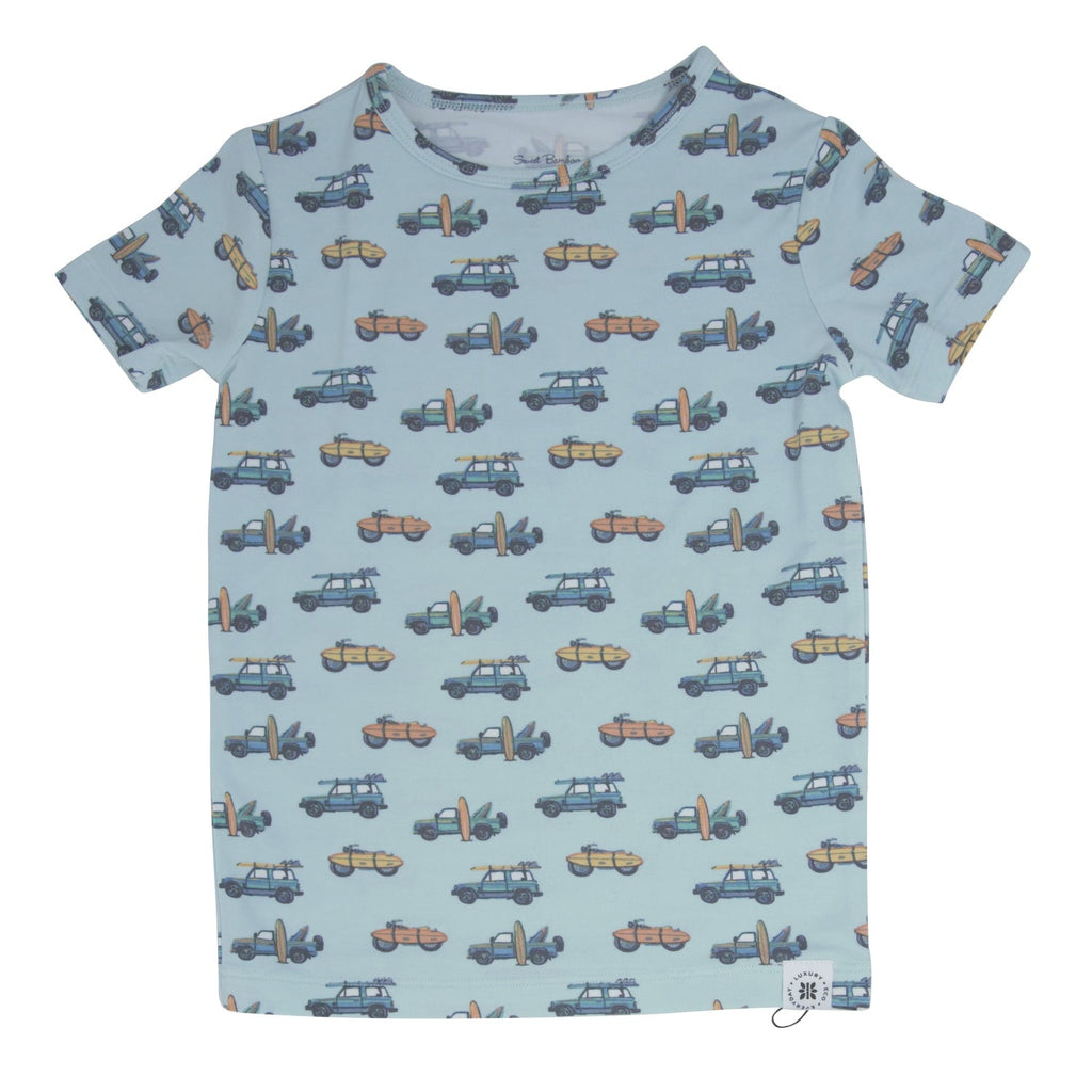 Kids' short-sleeve pajama top in light blue with colorful vehicle print and crew neckline