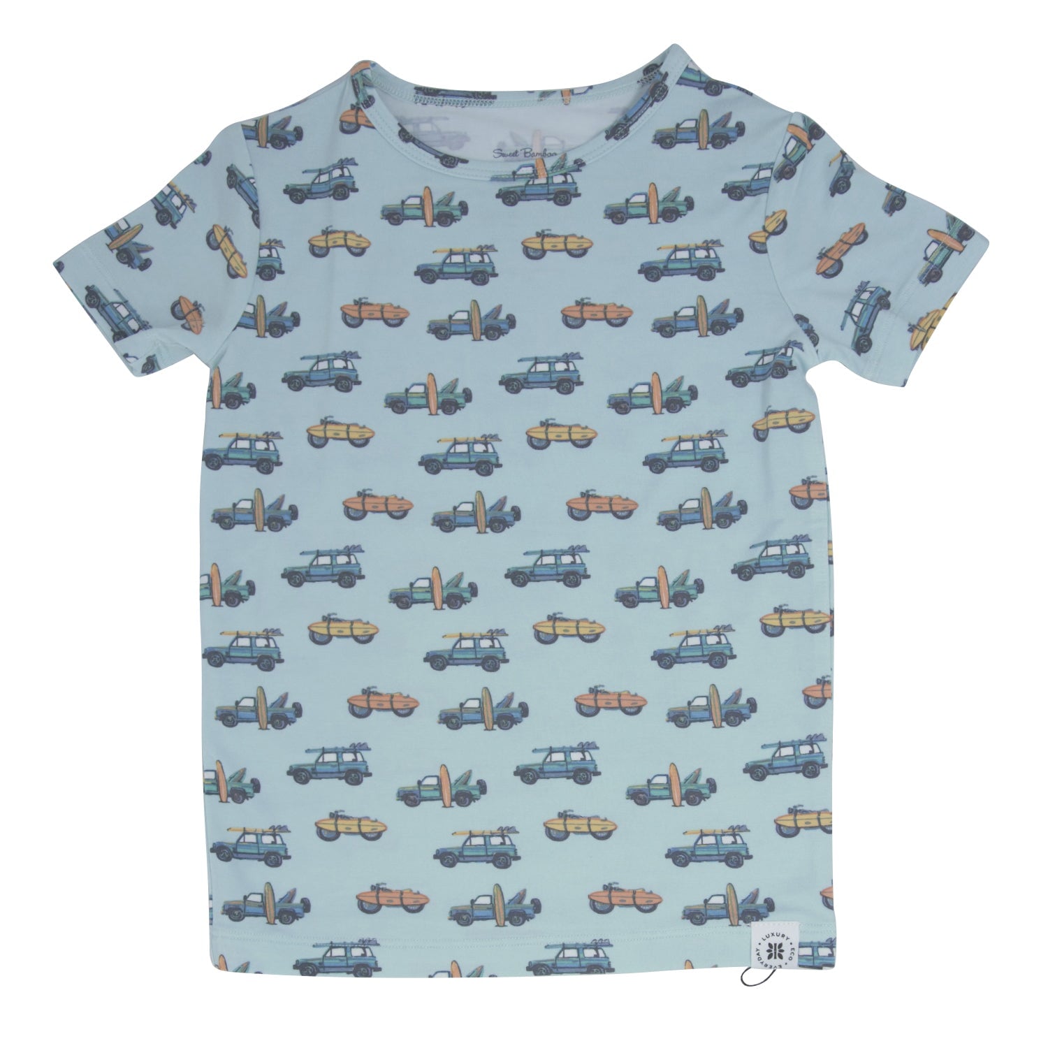 Kids' short-sleeve pajama top in light blue with colorful vehicle print and crew neckline