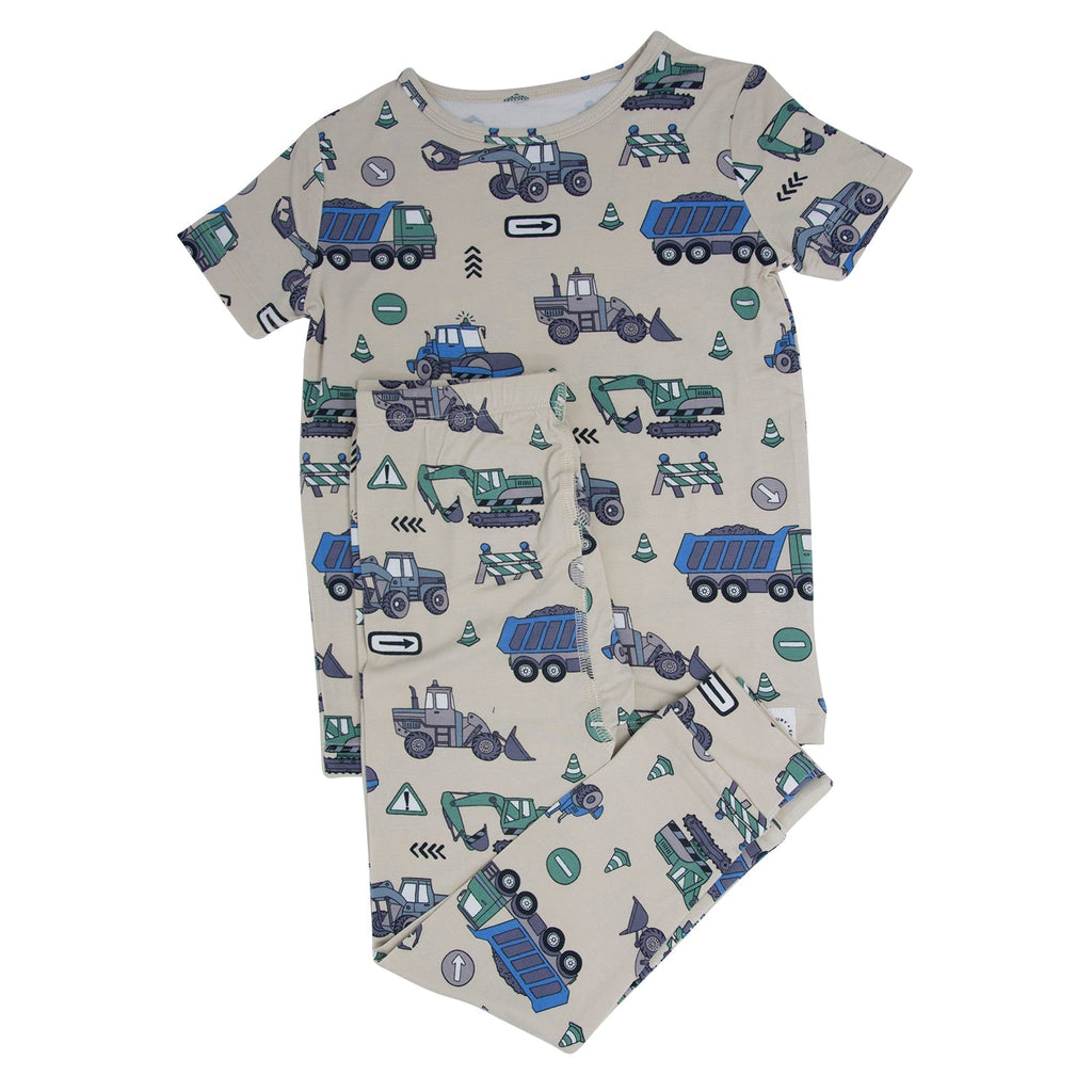 Kids short-sleeve pajama set with allover construction trucks and diggers print