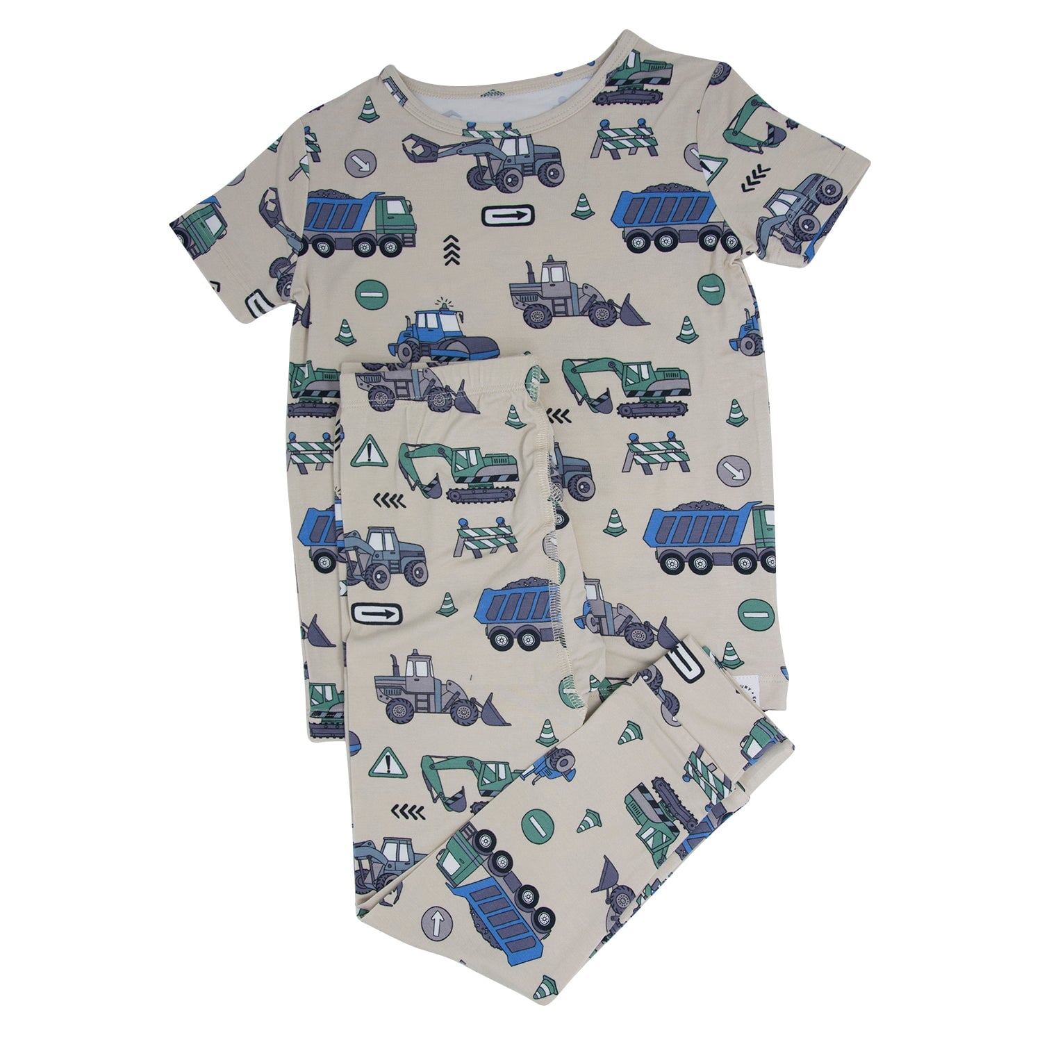 Kids short-sleeve pajama set with allover construction trucks and diggers print