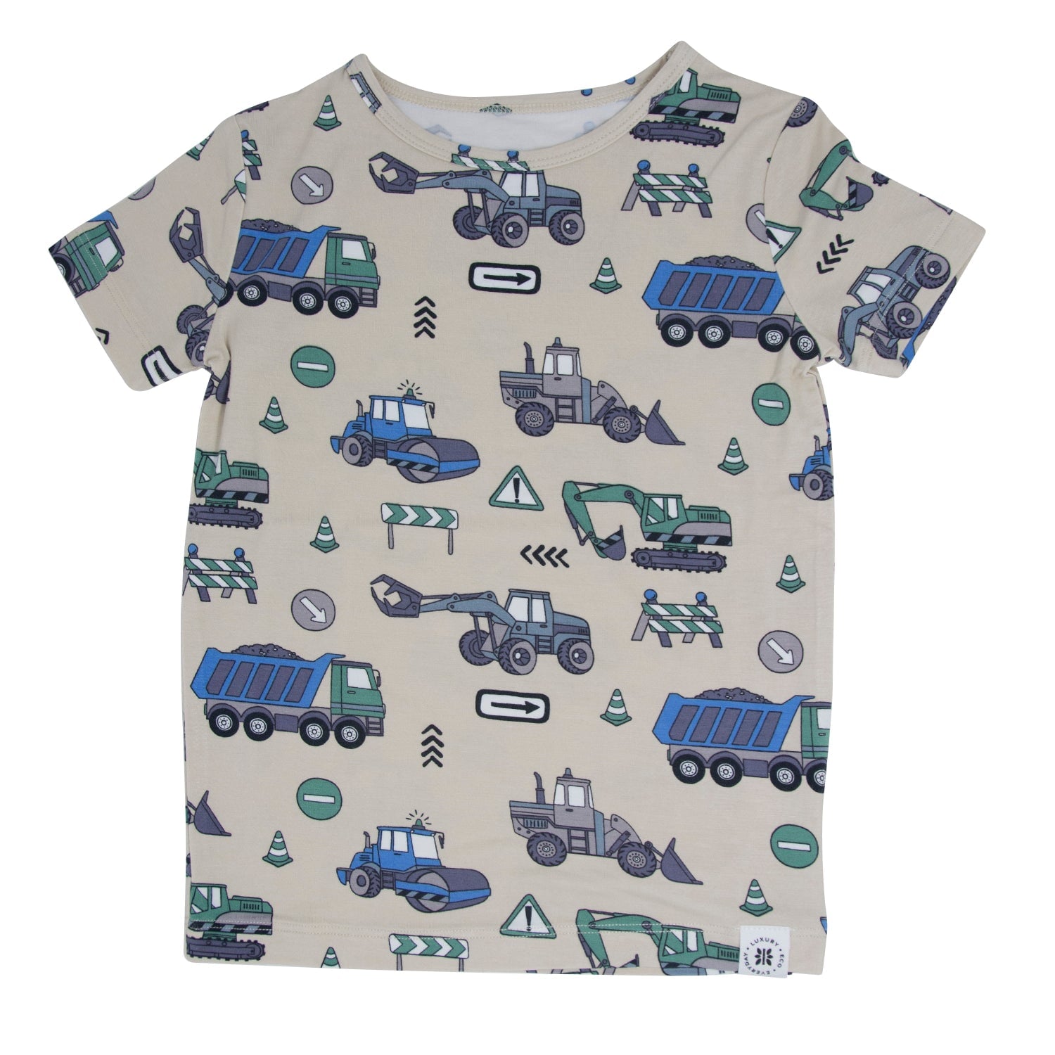 Kids short-sleeve pajama set, crewneck top and pants, construction vehicles pattern