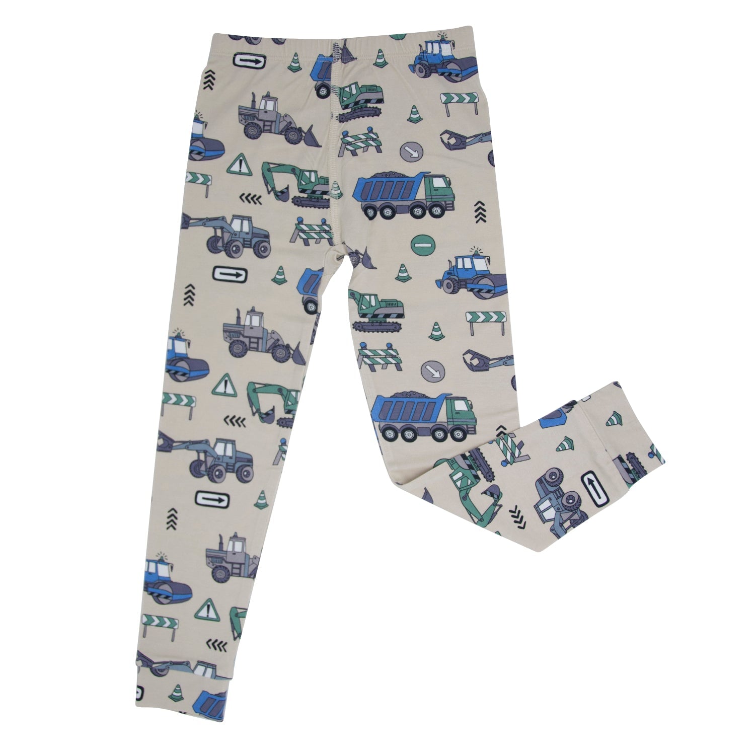 Kids pajama pants with construction vehicles print, long legs and cuffed hems