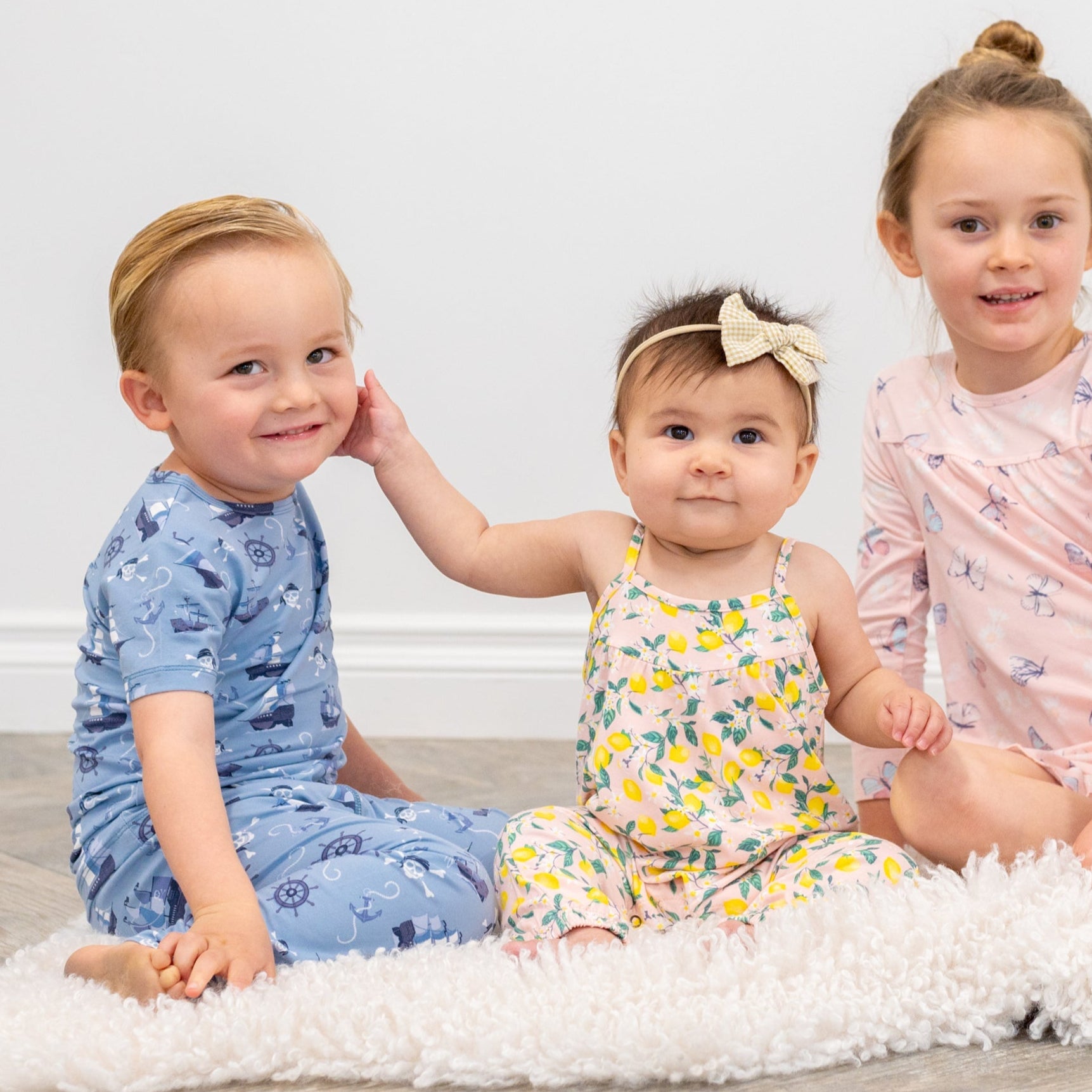 Light blue pirate-themed short-sleeve pajama set with nautical graphic print