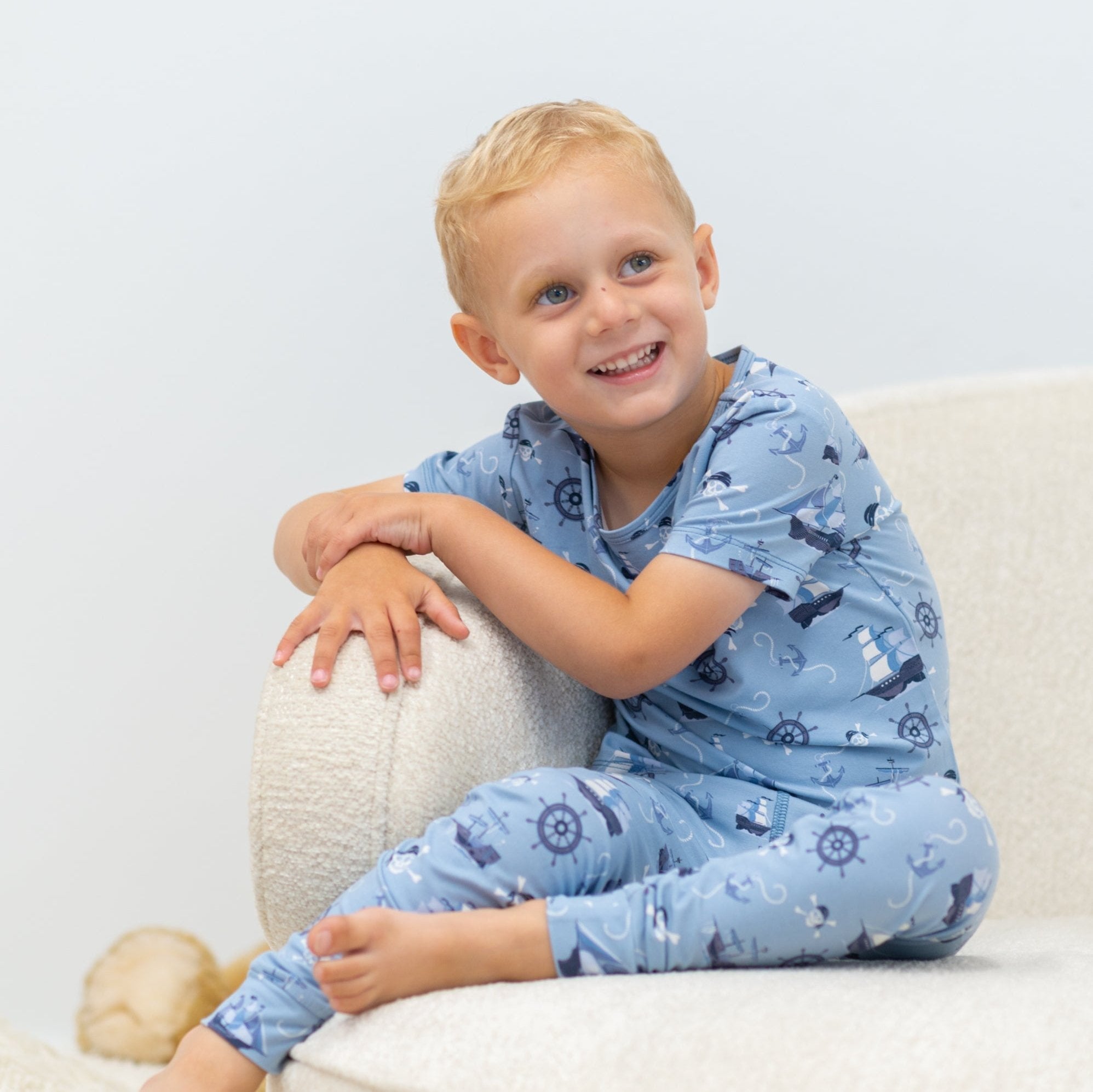 Light blue pirate-themed short-sleeve pajama set with nautical pattern