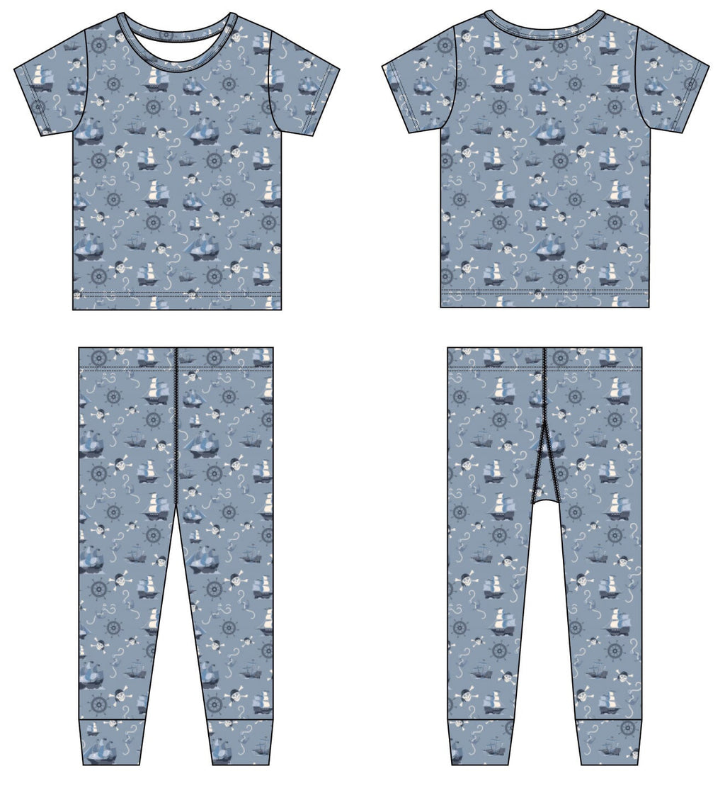 Light blue pirate-print short-sleeve top and long pajama pants set