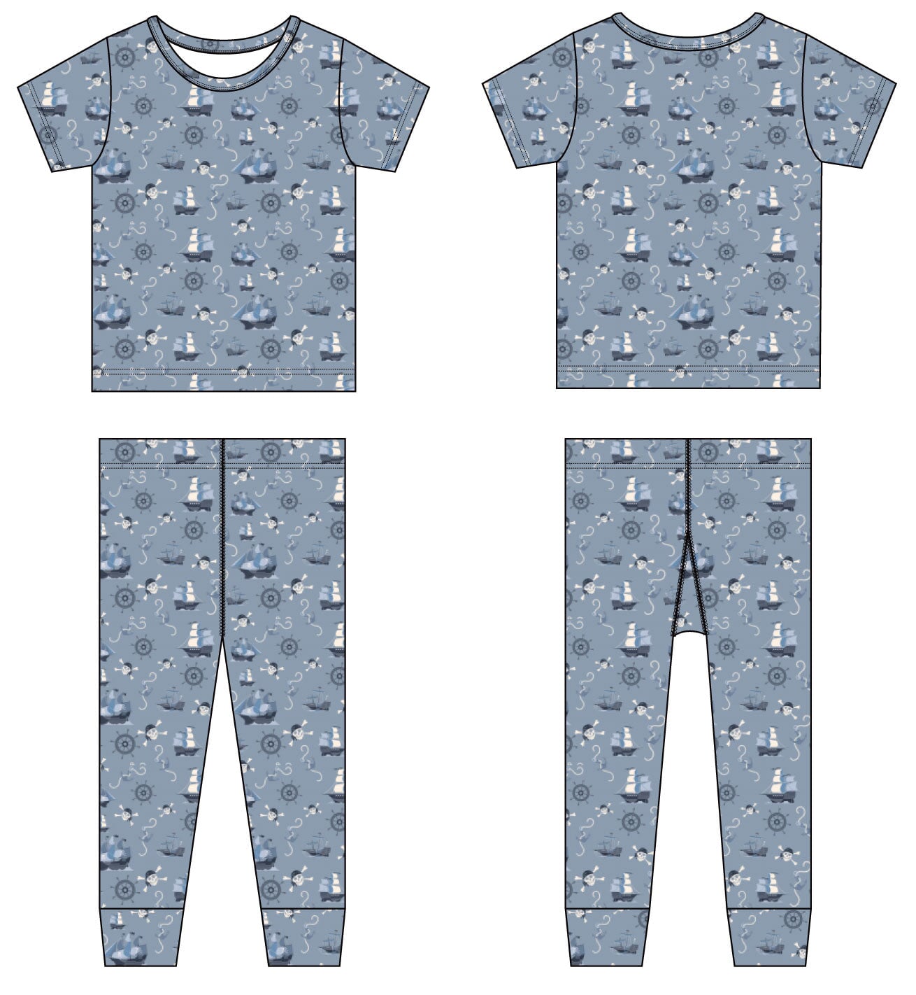 Light blue pirate-print short-sleeve top and long pajama pants set