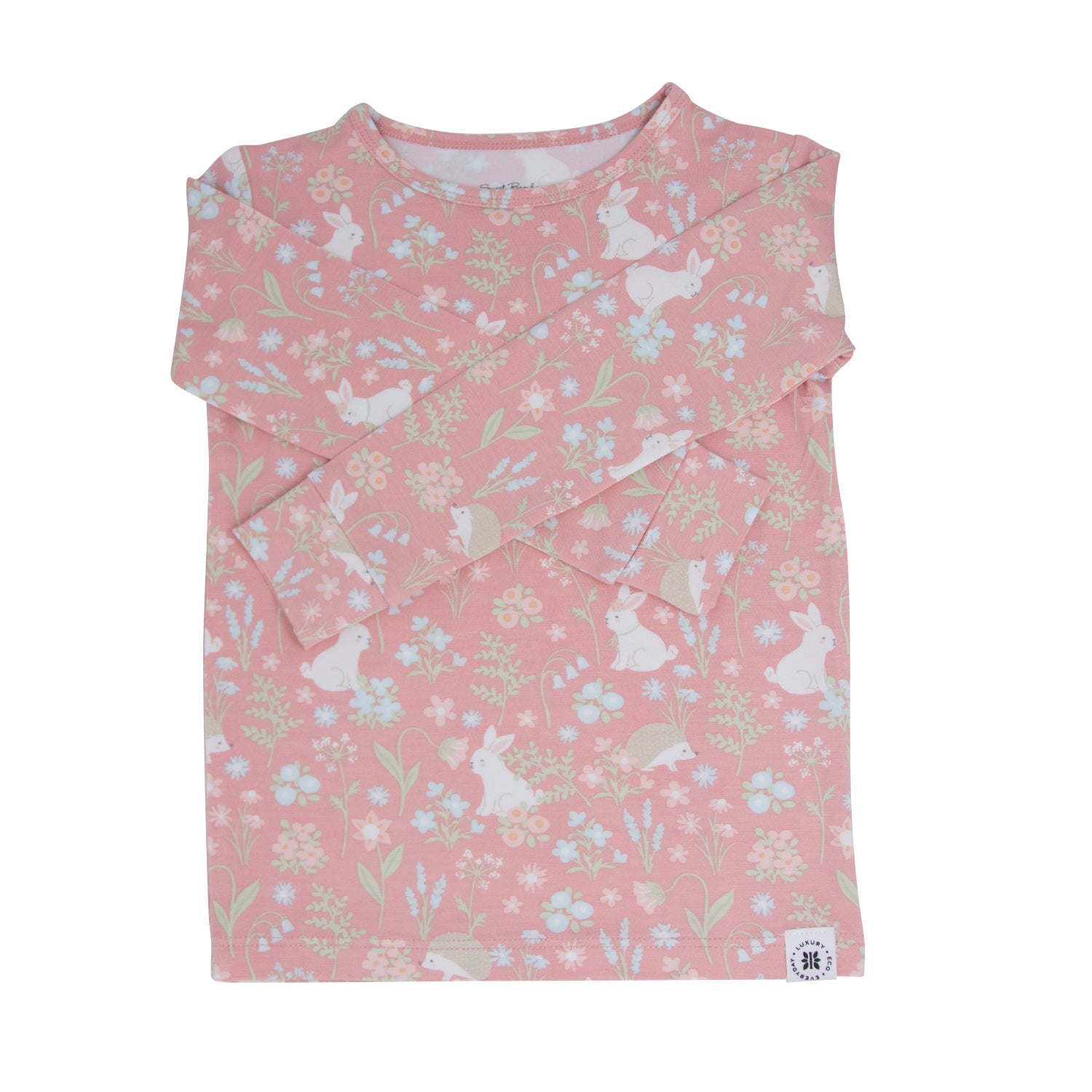 Kids pink pajama top with bunny and floral print