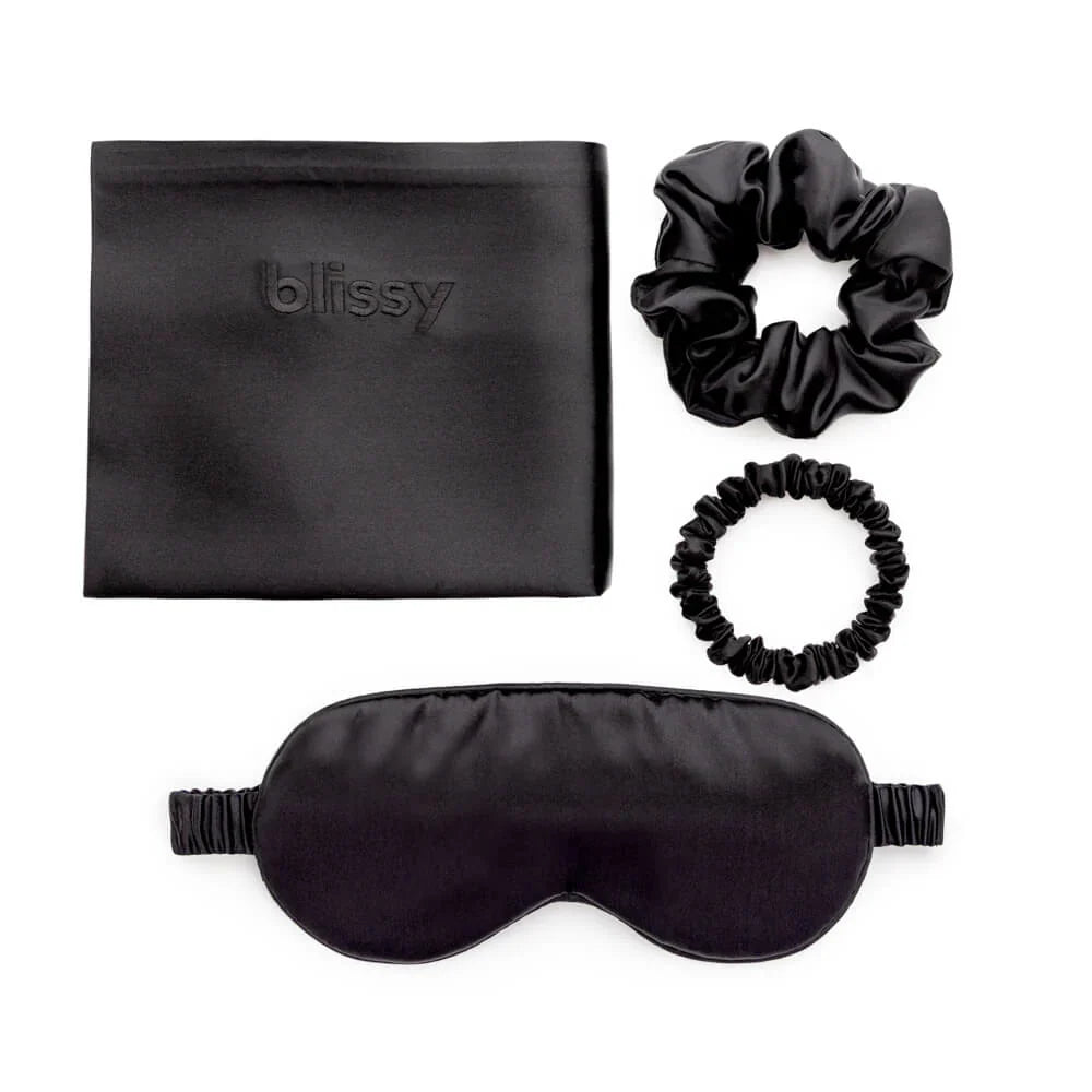 Black satin dream set: pillowcase, eye mask, and two hair scrunchies