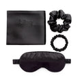 Black satin dream set: pillowcase, eye mask, and two hair scrunchies