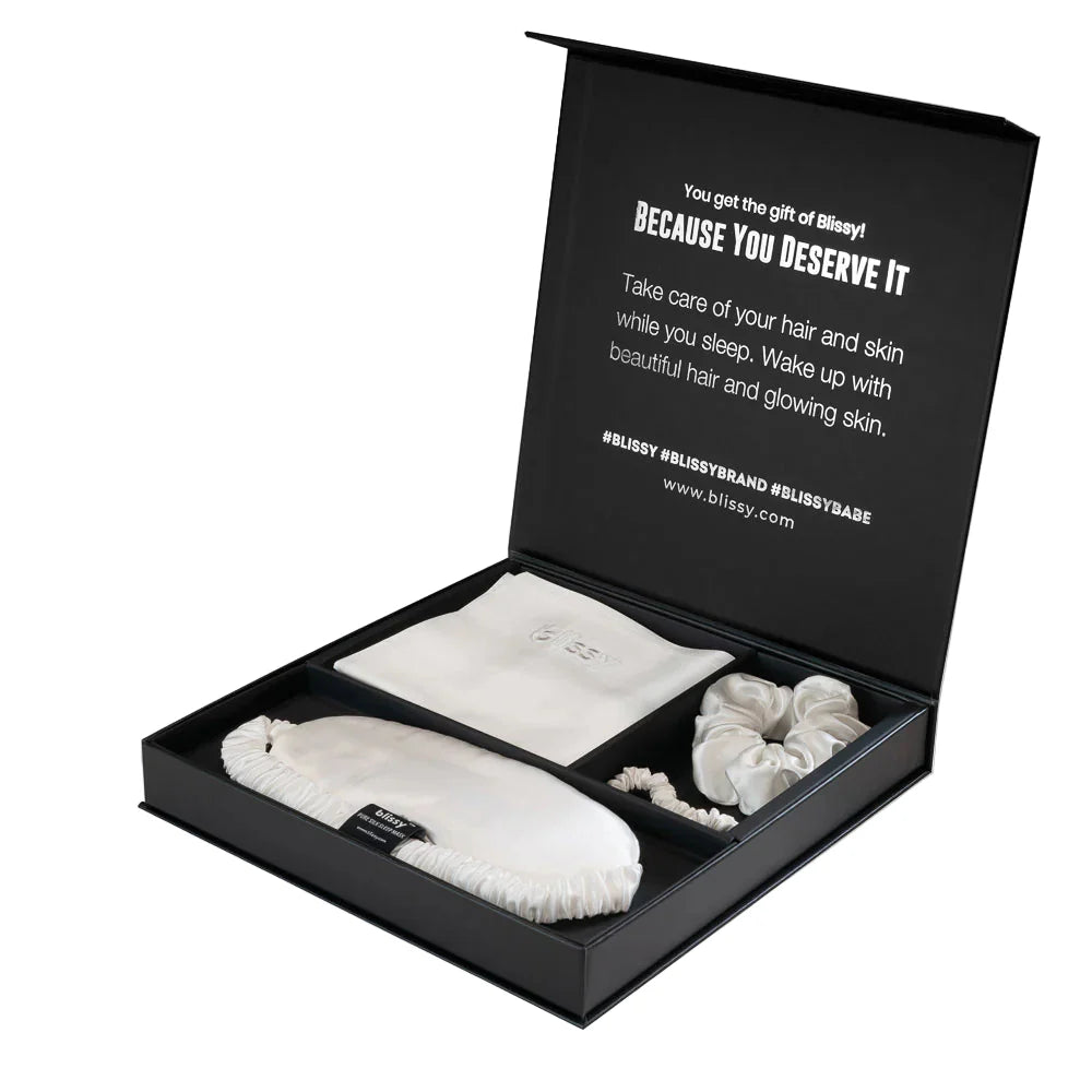 Satin dream set in box: pillowcase, sleep mask, and hair scrunchies