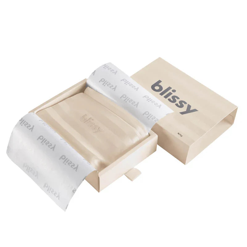 Champagne standard pillowcase set with matching packaging and satin sheen