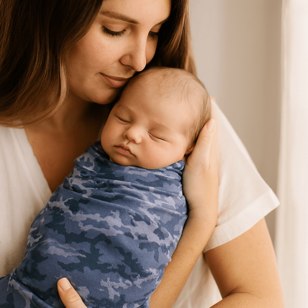 Blue camouflage swaddle blanket wrapped around a sleeping infant