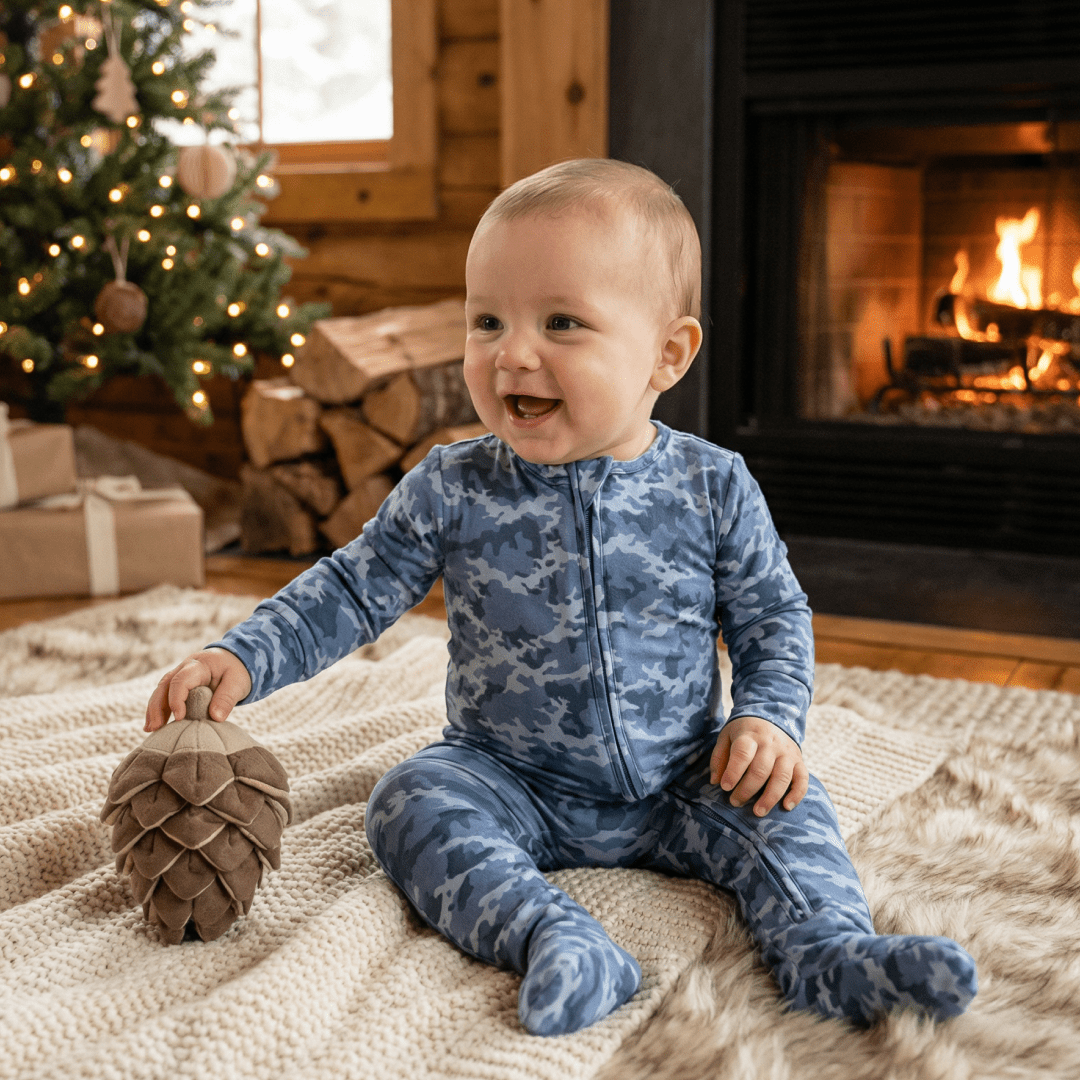 Blue camouflage zip-up footie with long sleeves and full-length zipper, worn by baby