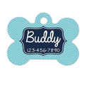 Blue chevron dog ID tag with bone shape, name Buddy and ID number 123-456-7890