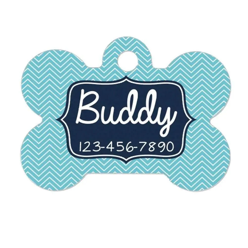 Blue chevron dog ID tag with bone shape, name Buddy and ID number 123-456-7890